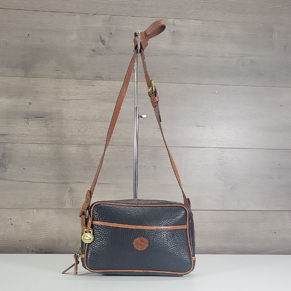 Vintage Dooney & Bourke Black Pebbled Leather Crossbody with Brown Trim